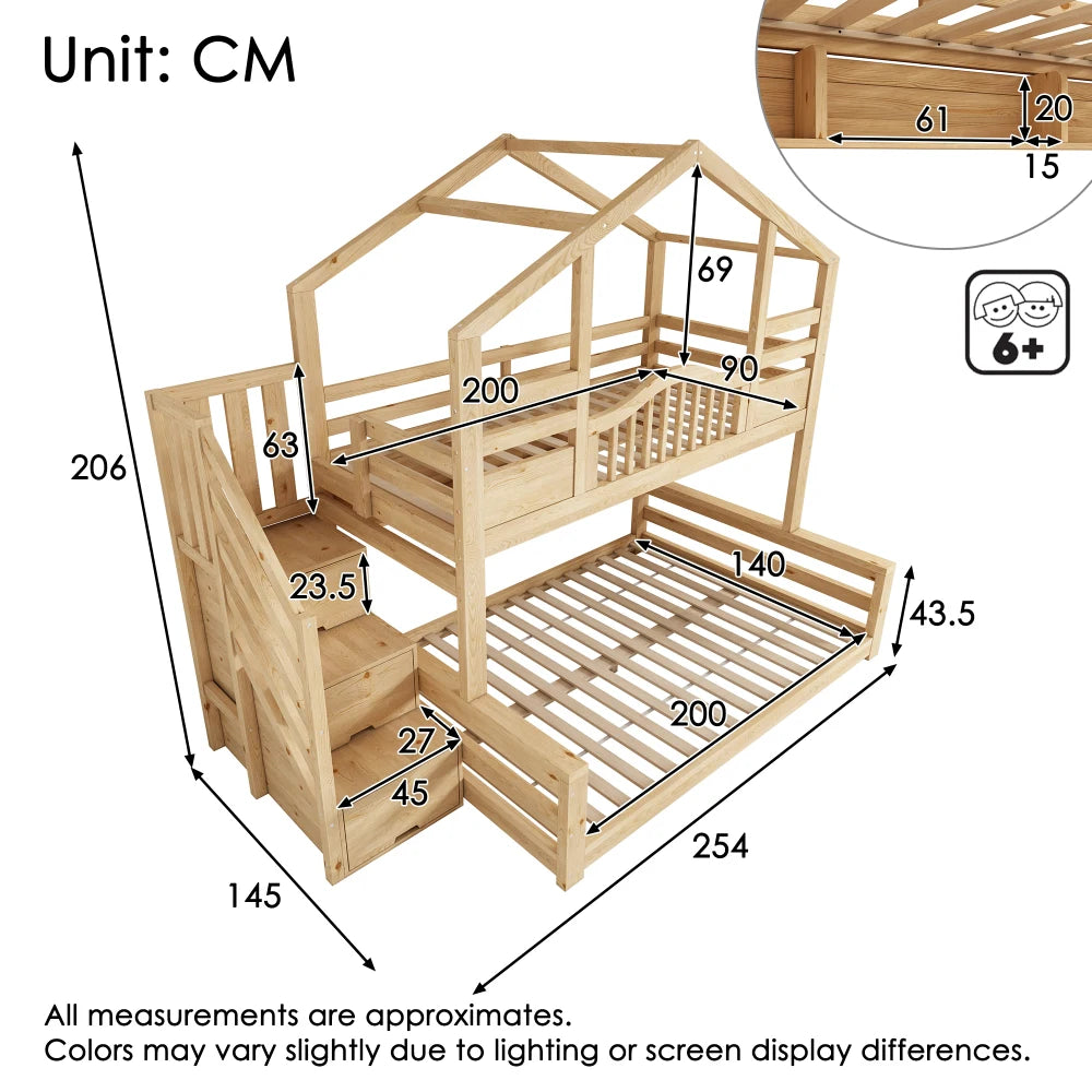 90x200/140x200cm Bunk Bed Children House Bed Natural Wood with Staircase Storage