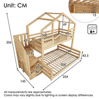 90x200/140x200cm Bunk Bed Children House Bed Natural Wood with Staircase Storage