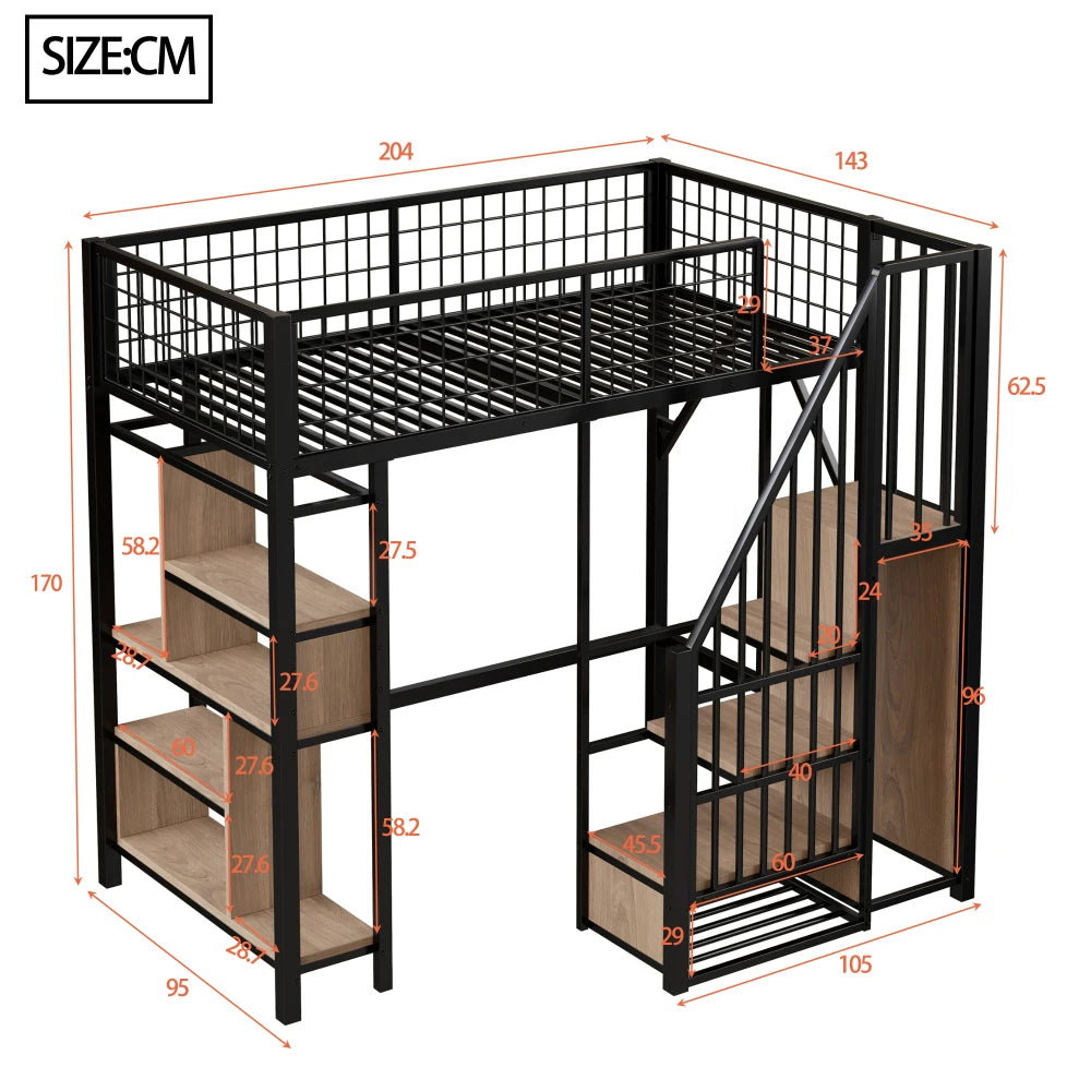 Modern Multifunctional High Bed 90 X 200cm, Metal Bed with Storage Space