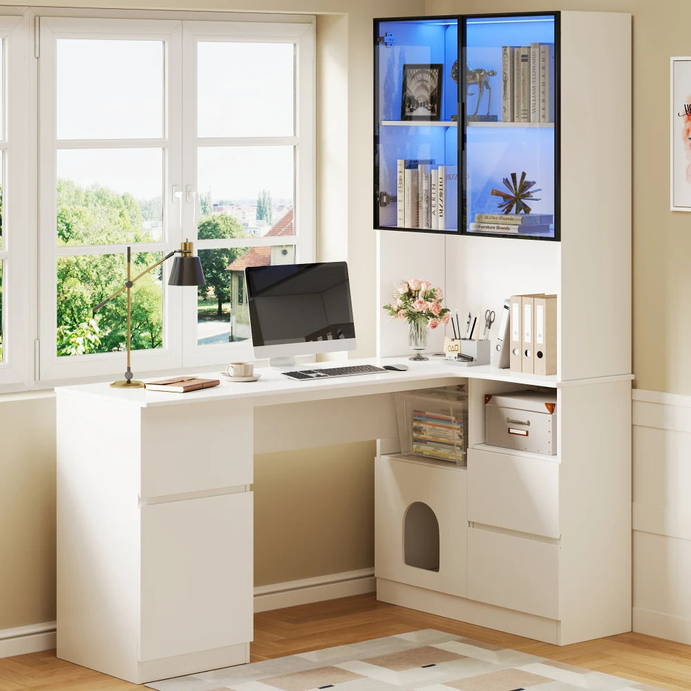 Corner Desk with Shelf and LED Display Cabinet, Desk with Cable Outlet