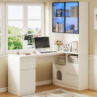 Corner Desk with Shelf and LED Display Cabinet, Desk with Cable Outlet