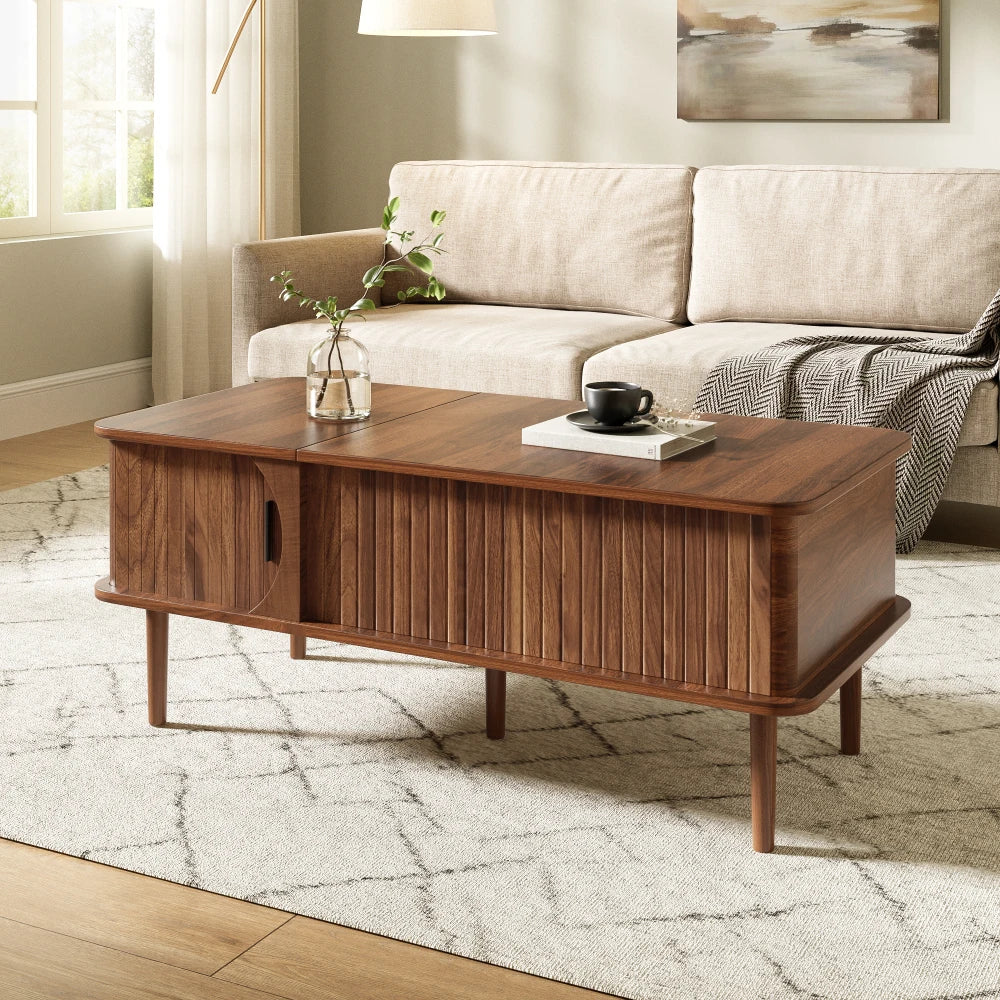 Living Room Coffee Table with Sliding Door & Wooden Legs