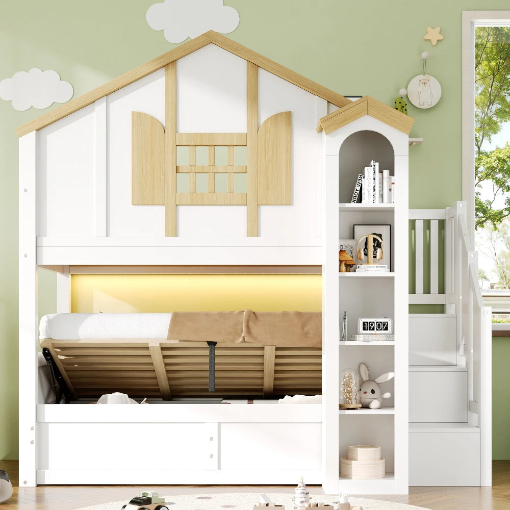 90x200+90x200cm Solid Wood Kids House Bunk Bed, Hydraulic Underbed Design