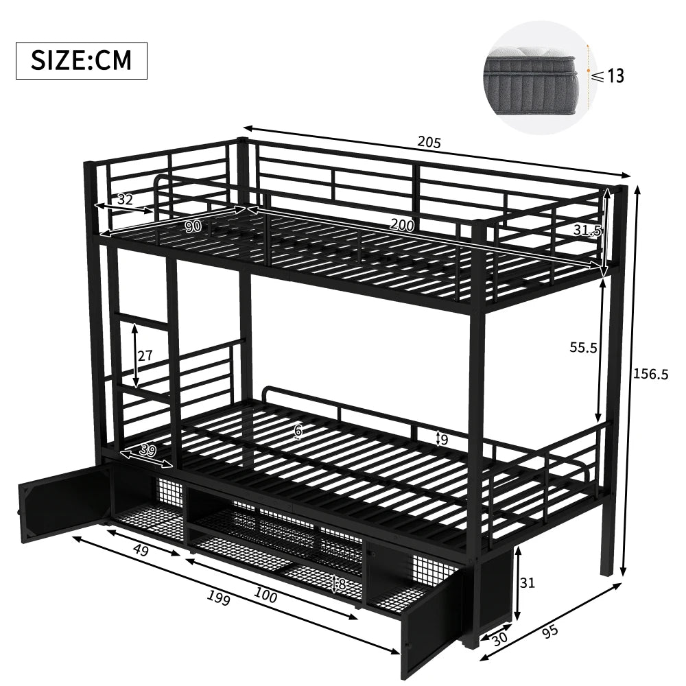 90x200cm Iron Frame Bed, Shoe Cabinet, Double Door Small Storage Cabinet