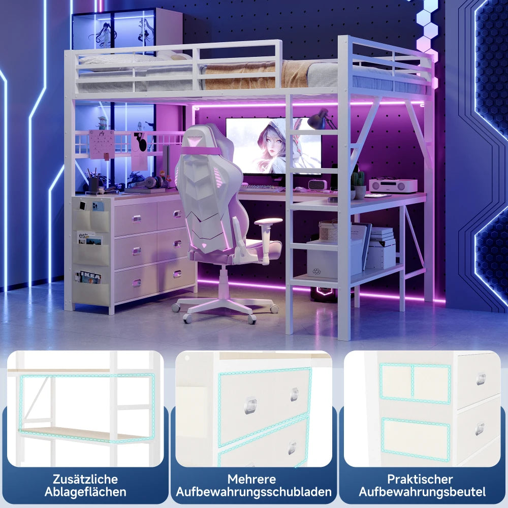 90x200cm & 140x200cm Metal Gaming High Bed Frame, Loft Bed with Drawers
