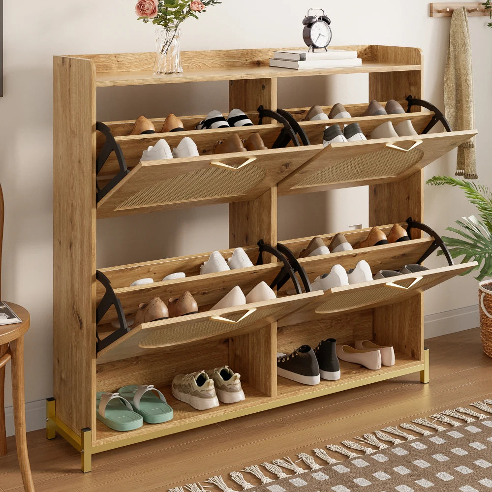 Elegant Wooden Shoe Cabinet with Rattan Doors, 4 Doors