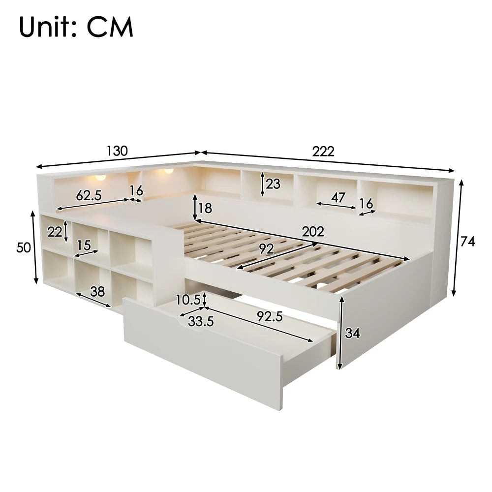90x200cm /140x190cm /140x200cm Wooden Bed with Storage Space & Reading Light