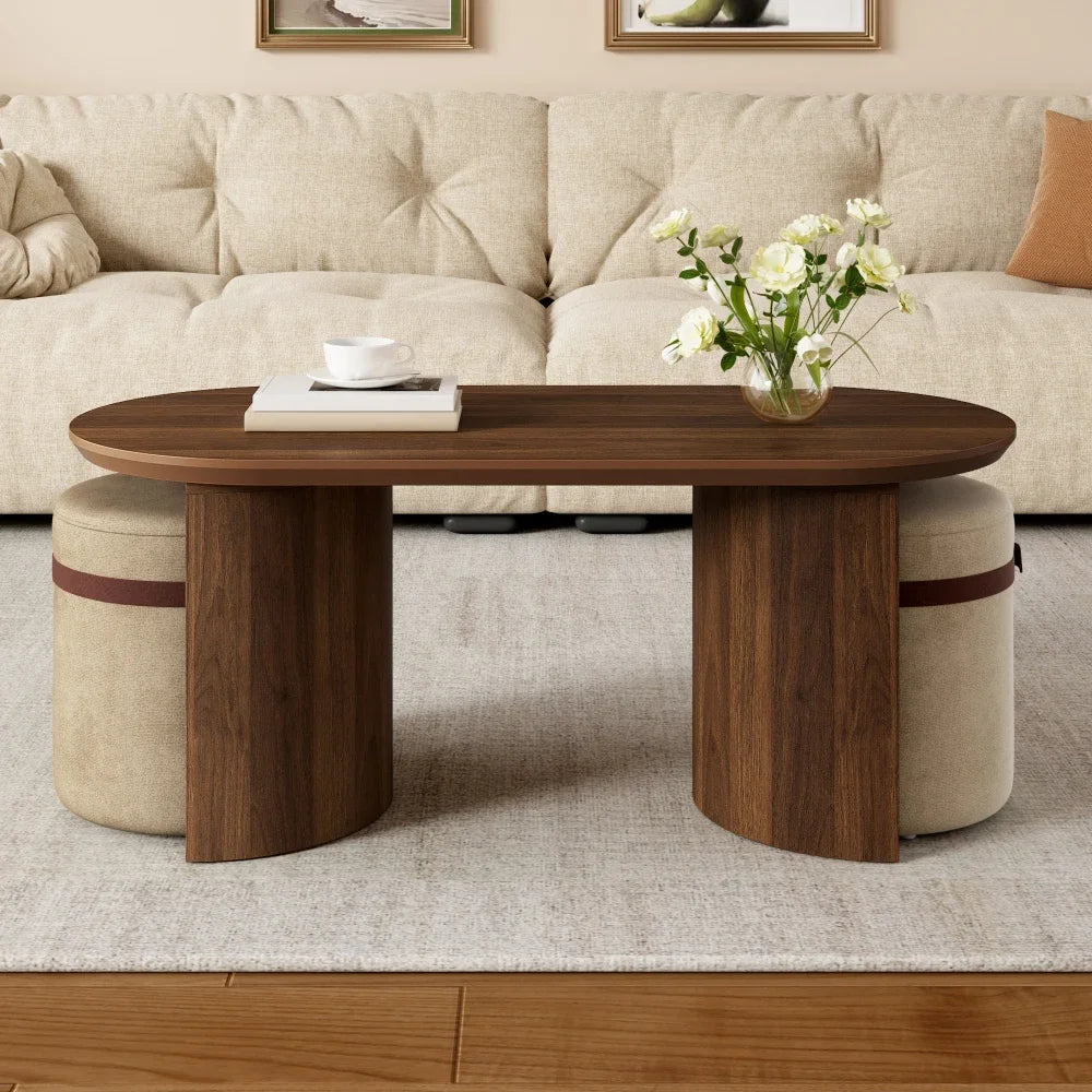 Oval Coffee Table Set with 2 Upholstered Armchairs