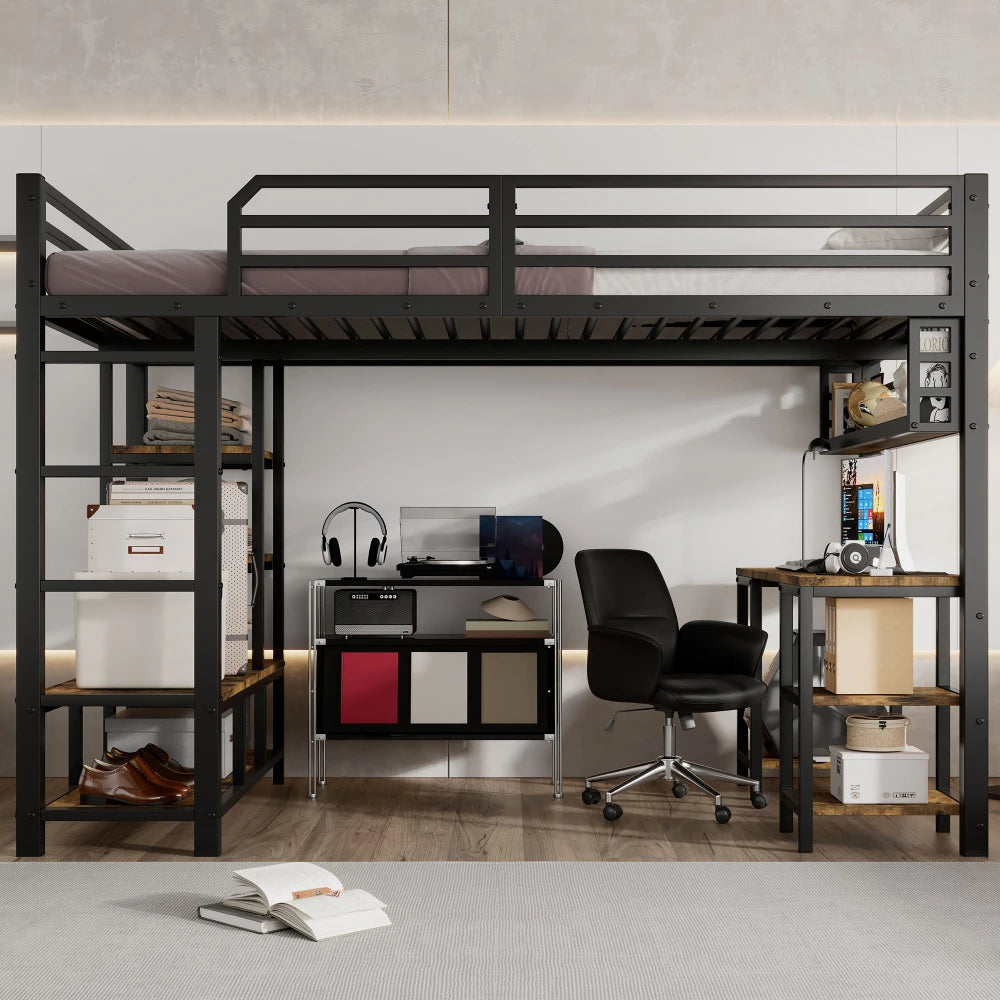 Modern Iron Bed, Bunk Bed, with Desk and Shelf, Stable Slat Grate