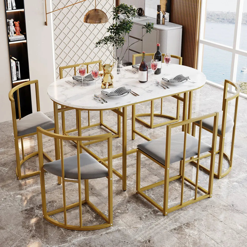 Six-Chair Dining Table Set:(White Table
