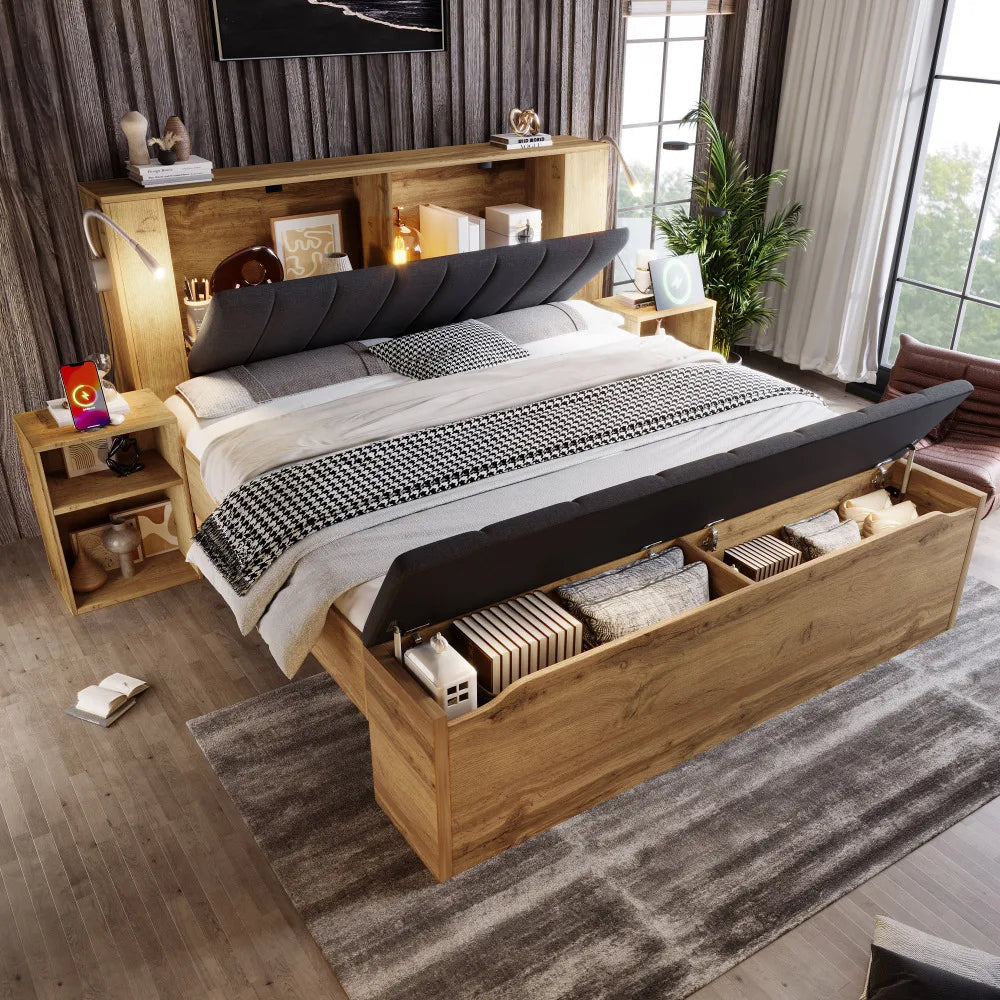 Double Wooden Bed with Folding Headboard, Linen
