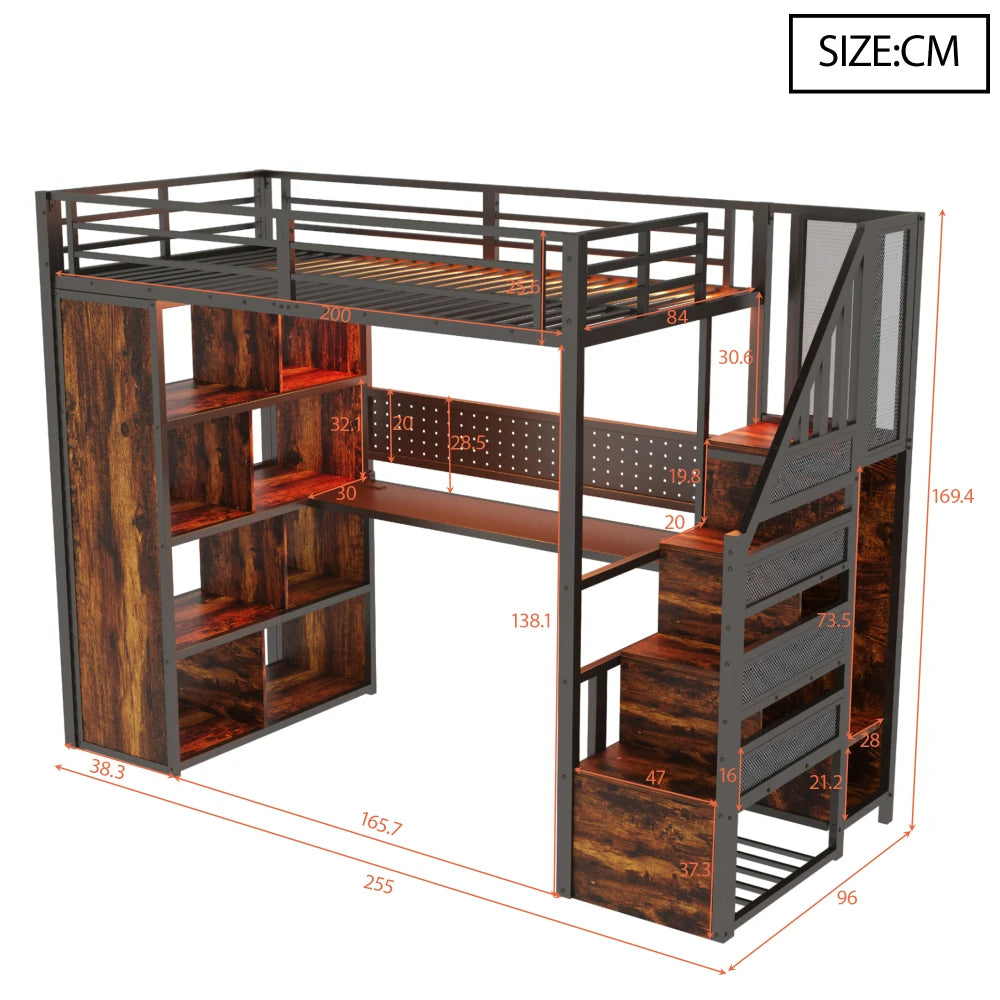 90 X 200cm Metal High Bed, with Wardrobe and Storage Compartments, 