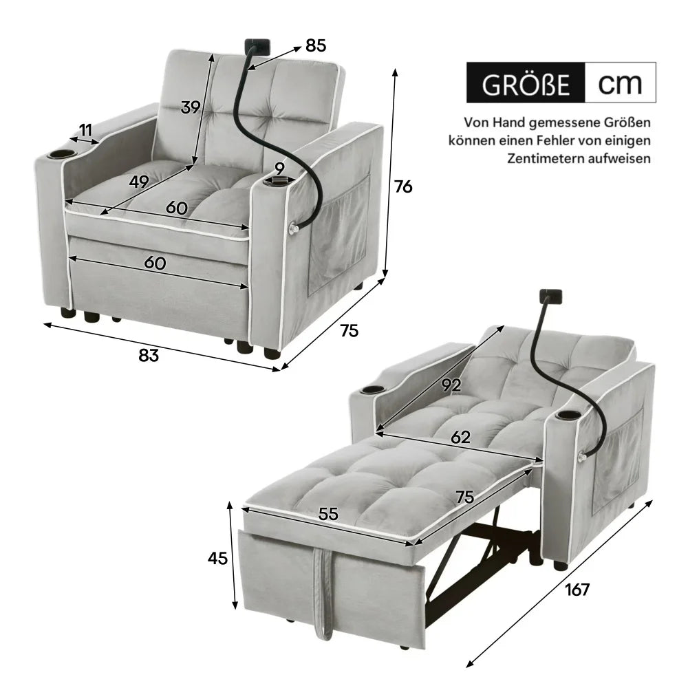 83*167*76cm 3-in-1 Extractable Single Sofa Bed