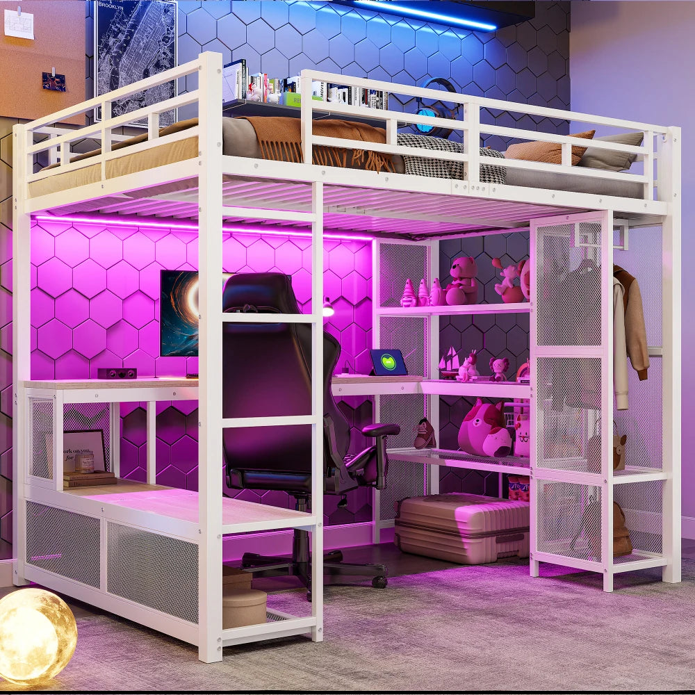 140x200cm Metal High Bed with Storage and Open Wardrobe