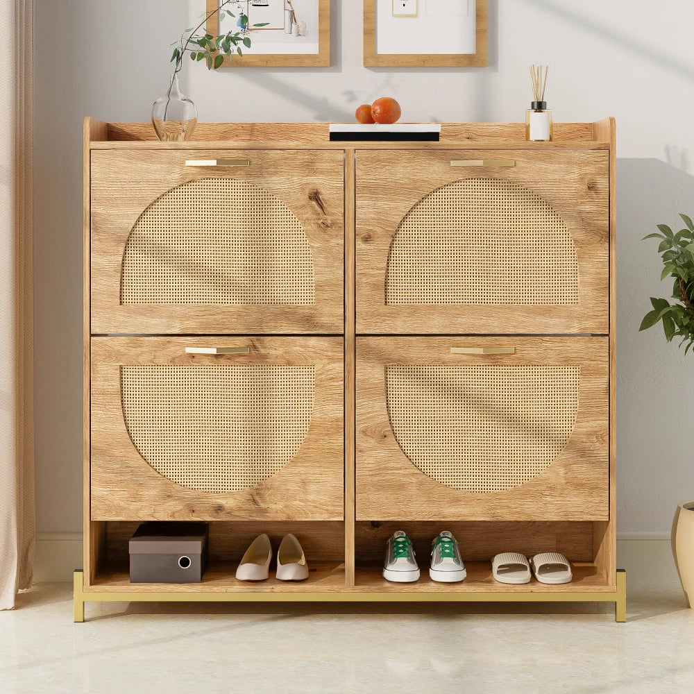 Elegant Wooden Shoe Cabinet with Rattan Doors, 4 Doors