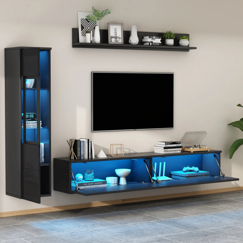 3-Piece TV Living Wall Set with LED Lighting, High Gloss Furniture Set