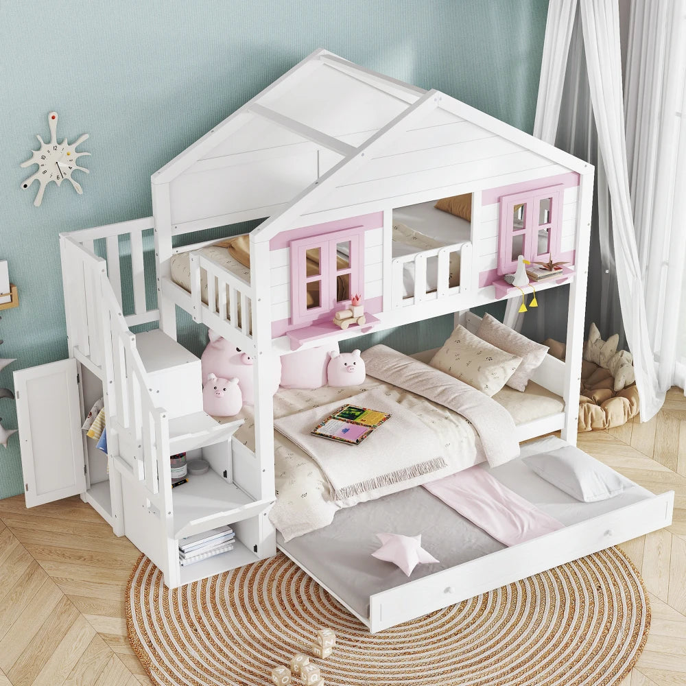 90x200cm Children's Bunk Bed with Roll-away Bed, Baby Cot, Hanging Area