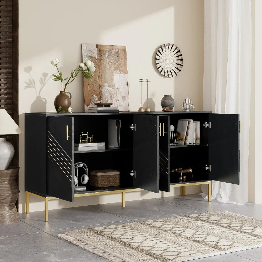 Modern Sideboard with 4 Doors Stylish Design in Black Gold Body with Metal Legs