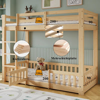 90x200cm Bunk Bed, Wooden Bed, with Rectangular Staircase, Railing and Door