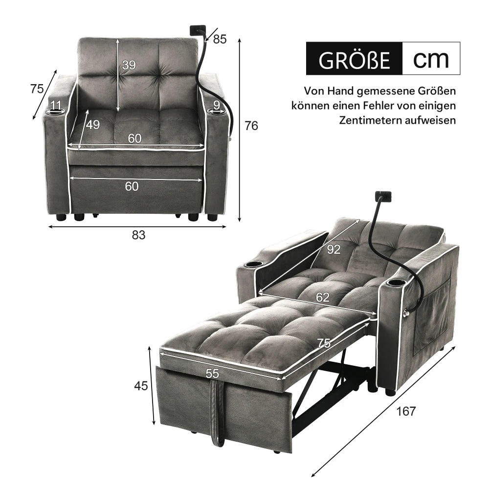 83*167*76cm 3-in-1 Extractable Single Sofa Bed