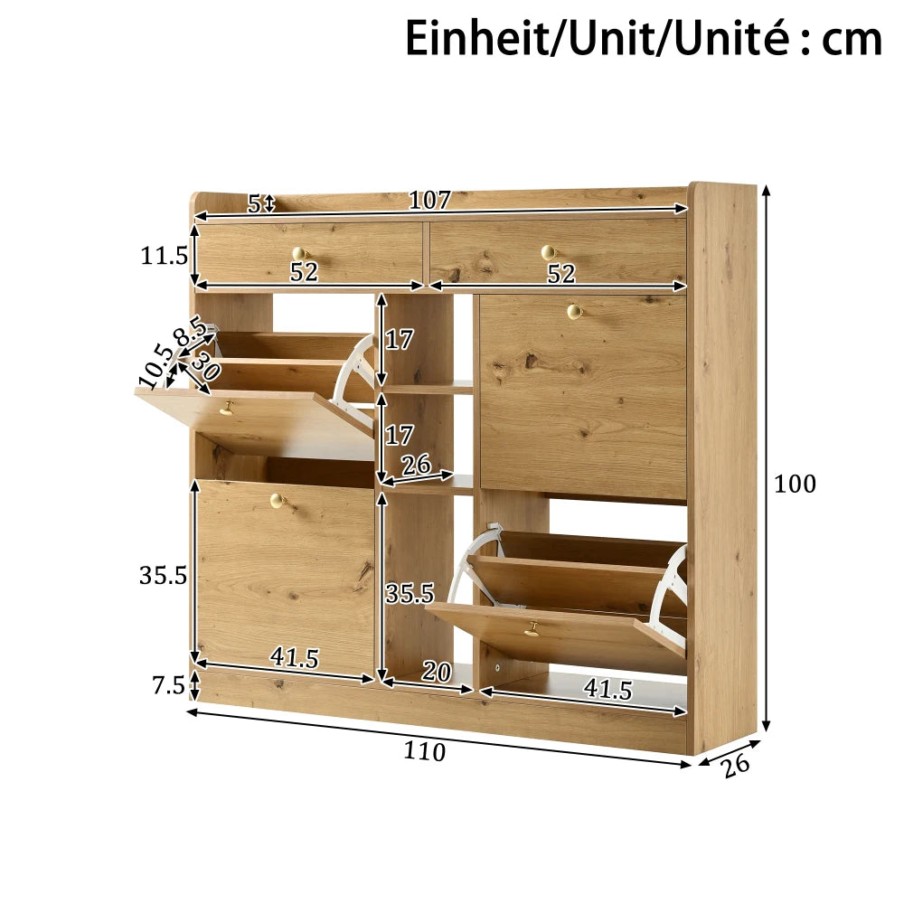 110 X 26 X 100cm Elegant Wooden Shoe Cabinet with 4 Folding Doors