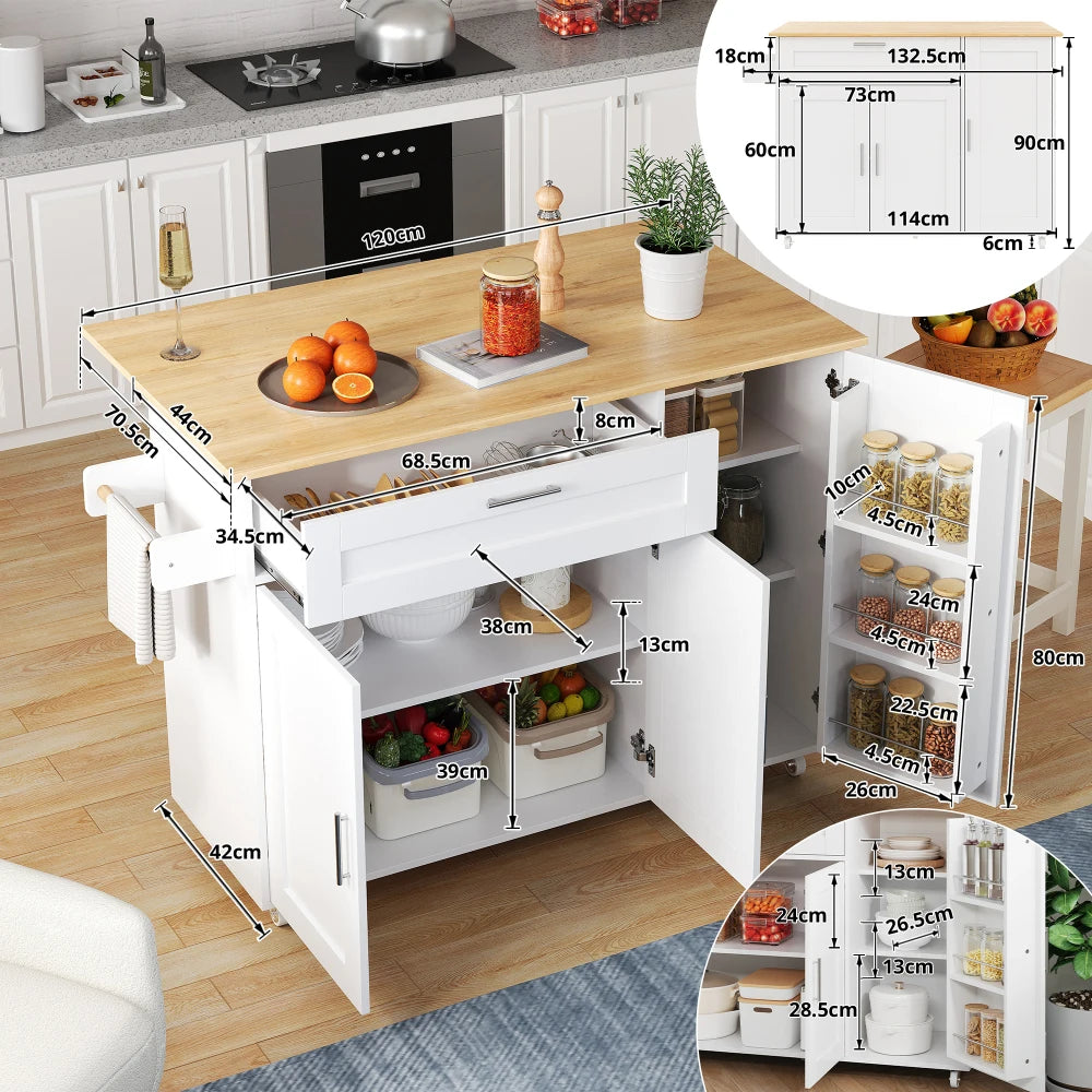 132.5*44(70)*90cm Mobile Kitchen Table, with Folding Worktop and Spice Rack