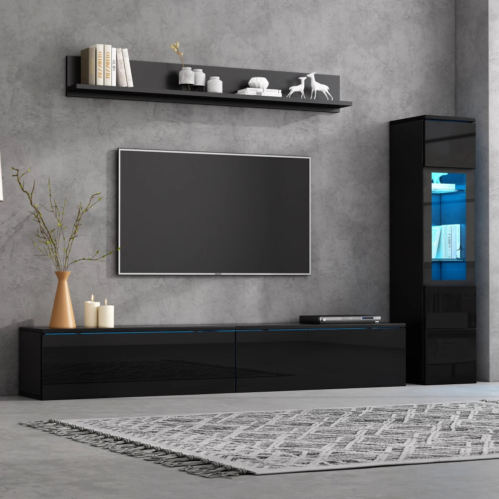 3-Piece TV Living Wall Set with LED Lighting, High Gloss Furniture Set
