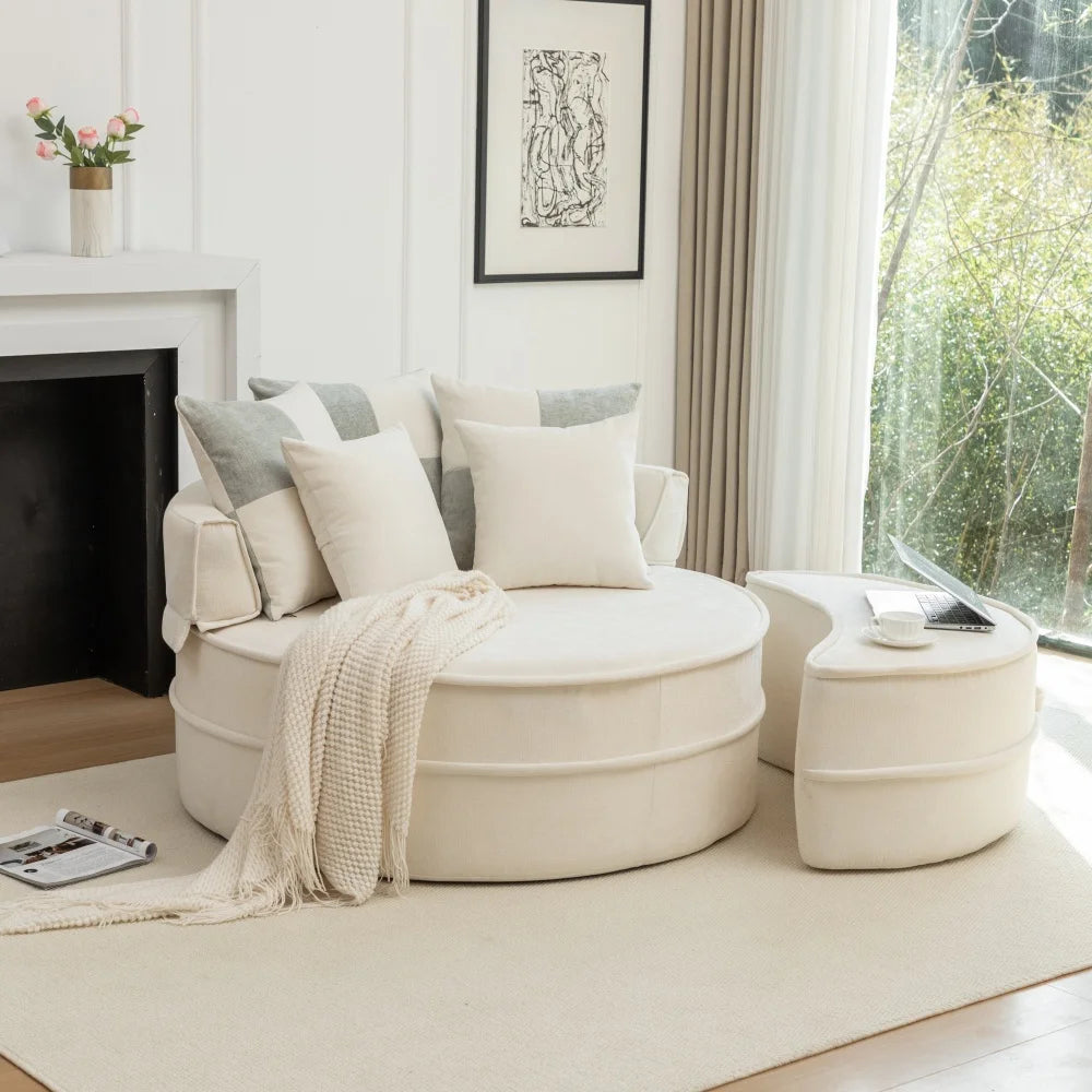 Round Sofa with 5 Pillows, Multi-Functional Reading Chair with Ottoman