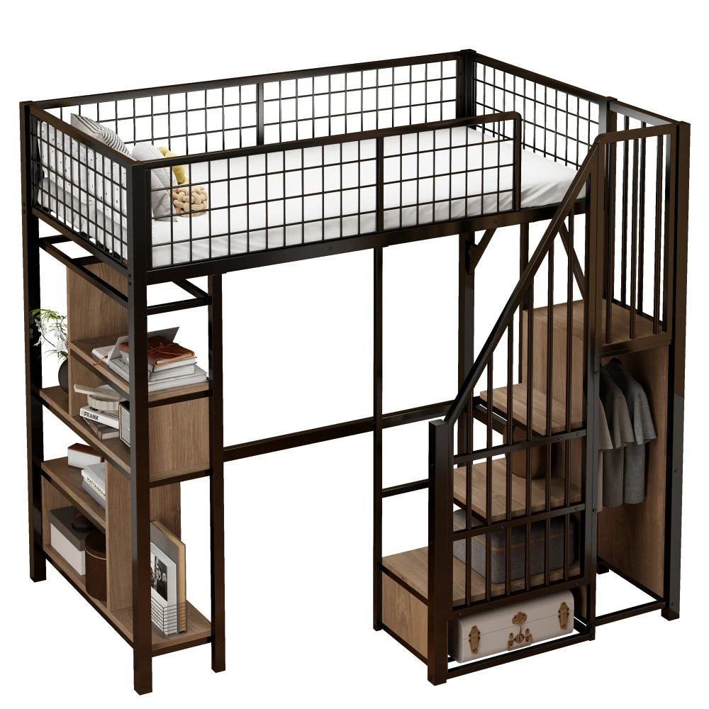 Modern Multifunctional High Bed 90 X 200cm, Metal Bed with Storage Space