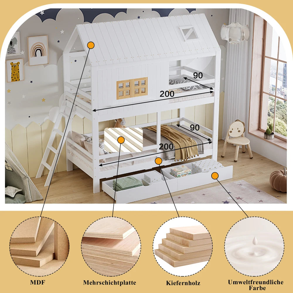 90x200cm Children Bunk Bed, with Beautiful Window and Roof