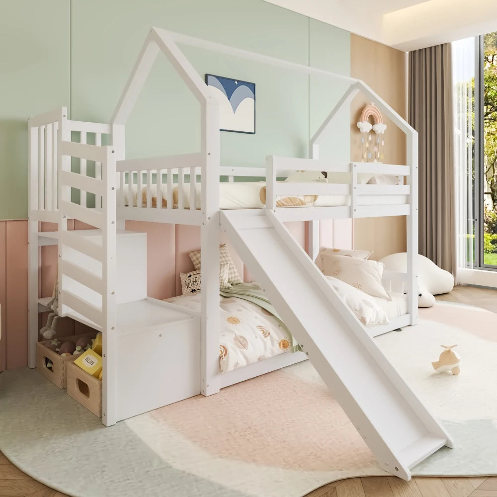 Bunk Bed with Staircase and Slide, House Bed(without Mattress)