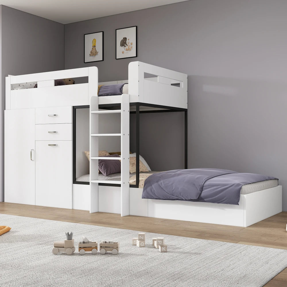 Bunk Bed with Pull-out Desk and Wardrobe, Multifunctional Kid Bed