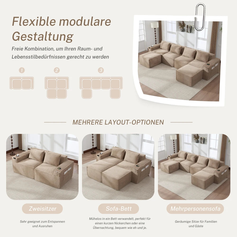 4-Seater Modular Corduroy Sofa Set with 2 Stools