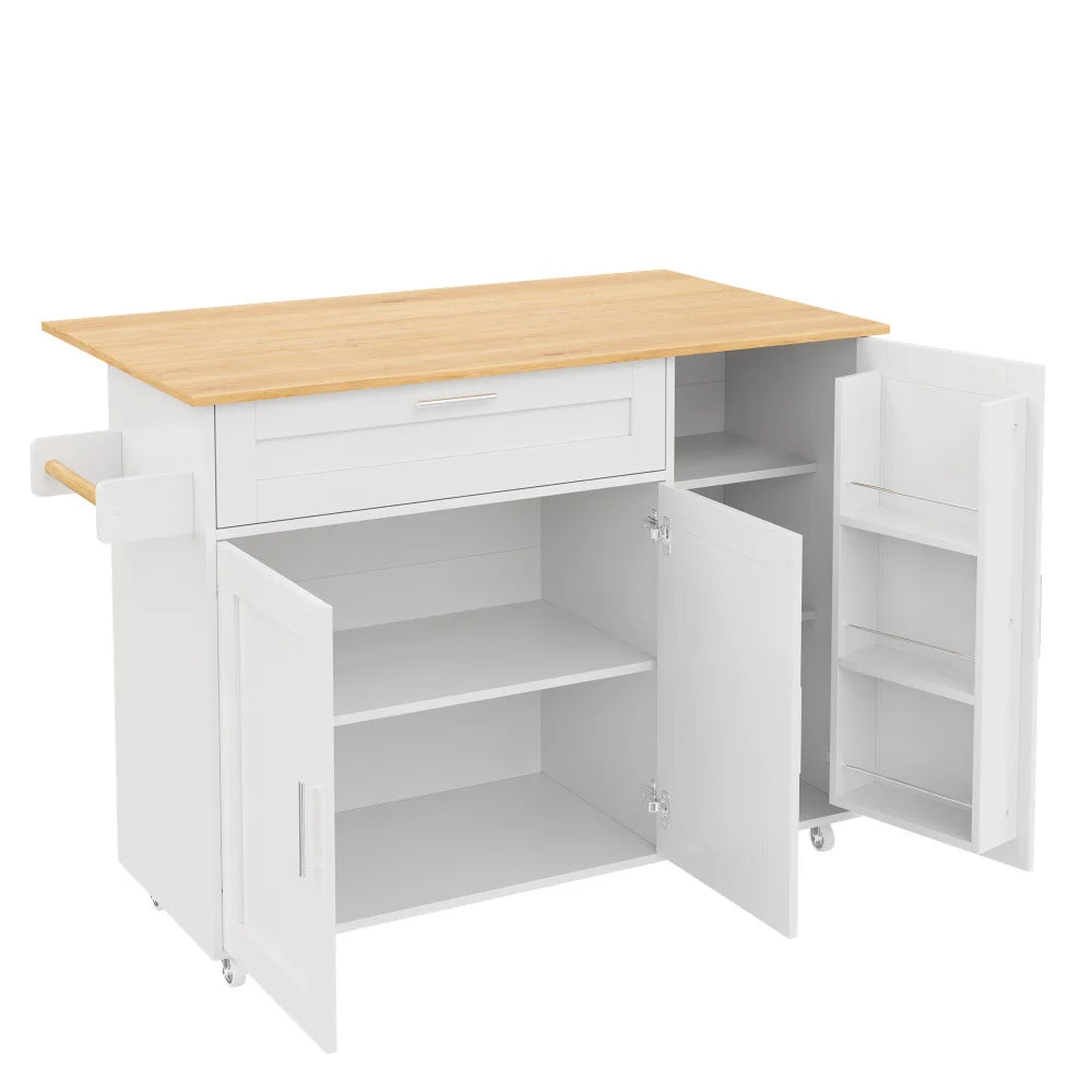 132.5*44(70)*90cm Mobile Kitchen Table, with Folding Worktop and Spice Rack