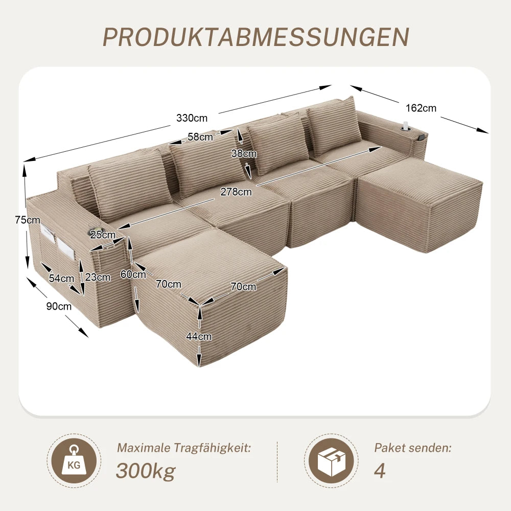 4-Seater Modular Corduroy Sofa Set with 2 Stools