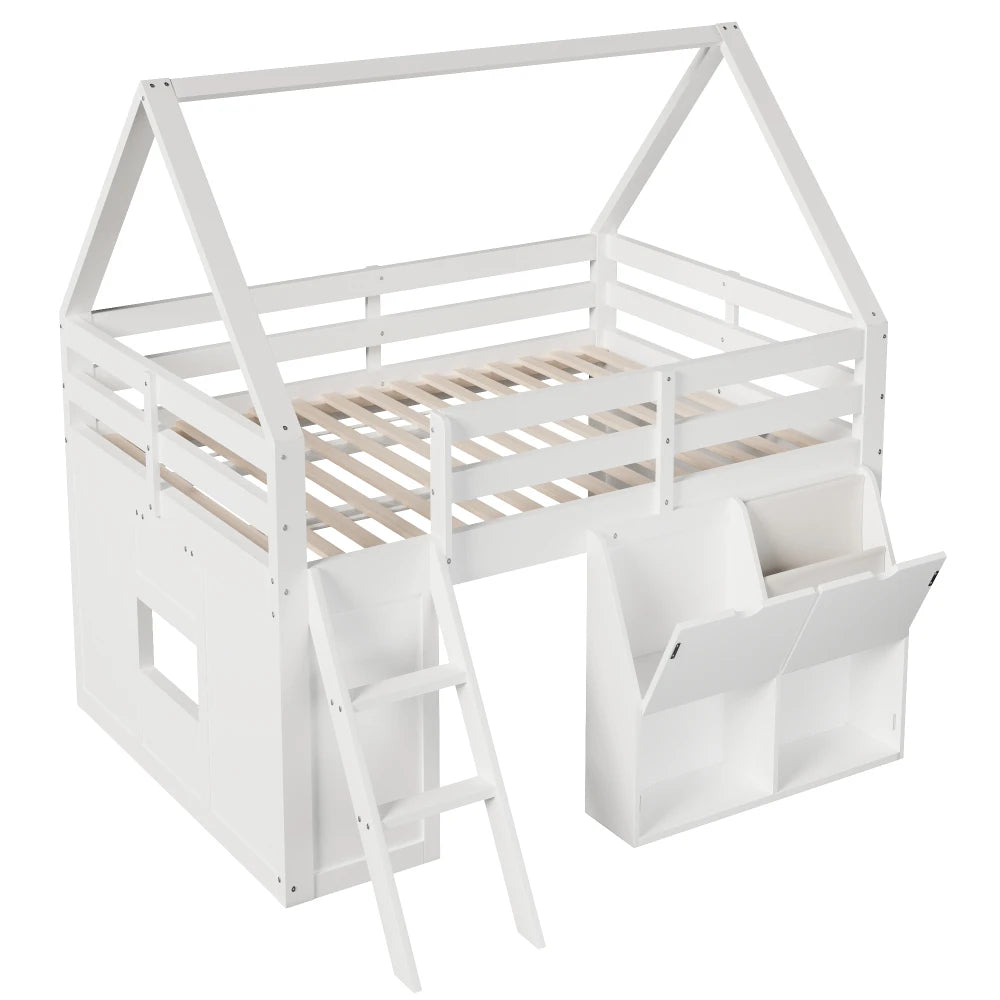 140×200cm White House‑Shaped High Bed Frame with Stairs