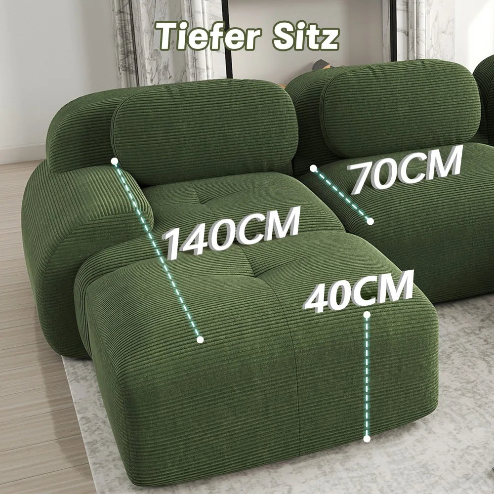82'' Corner Sofa in Soft Cord Fabric, Modular Combined with Curved Armrests