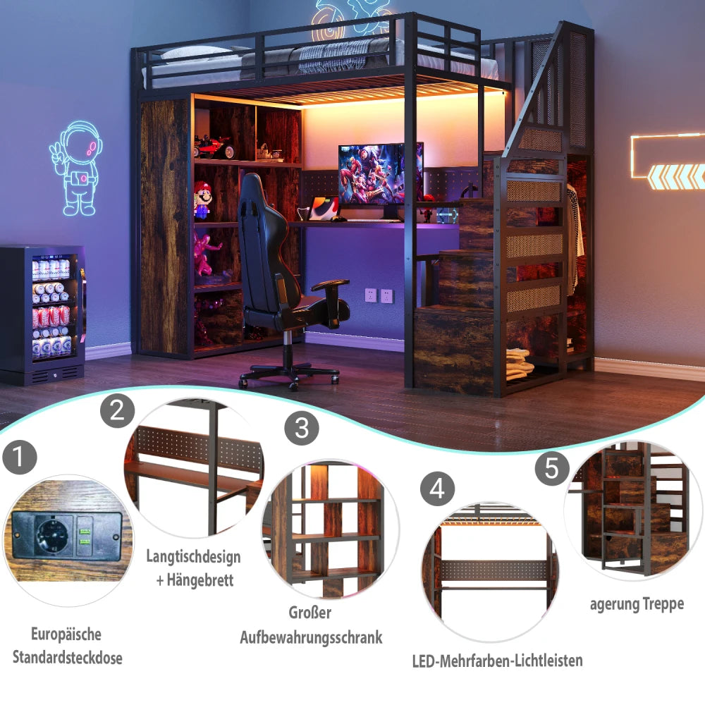 90 X 200cm Metal High Bed, with Wardrobe and Storage Compartments, 