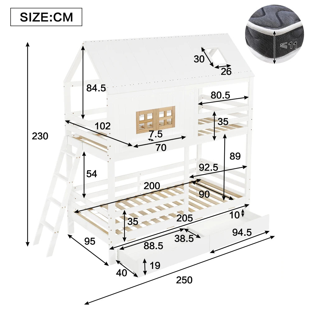90x200cm Children Bunk Bed, with Beautiful Window and Roof