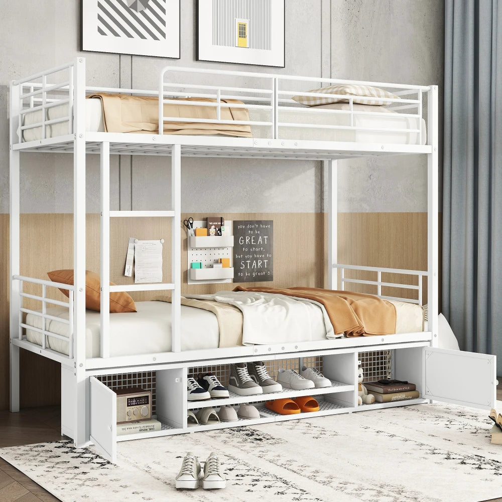 90x200cm Iron Frame Bed, Shoe Cabinet, Double Door Small Storage Cabinet