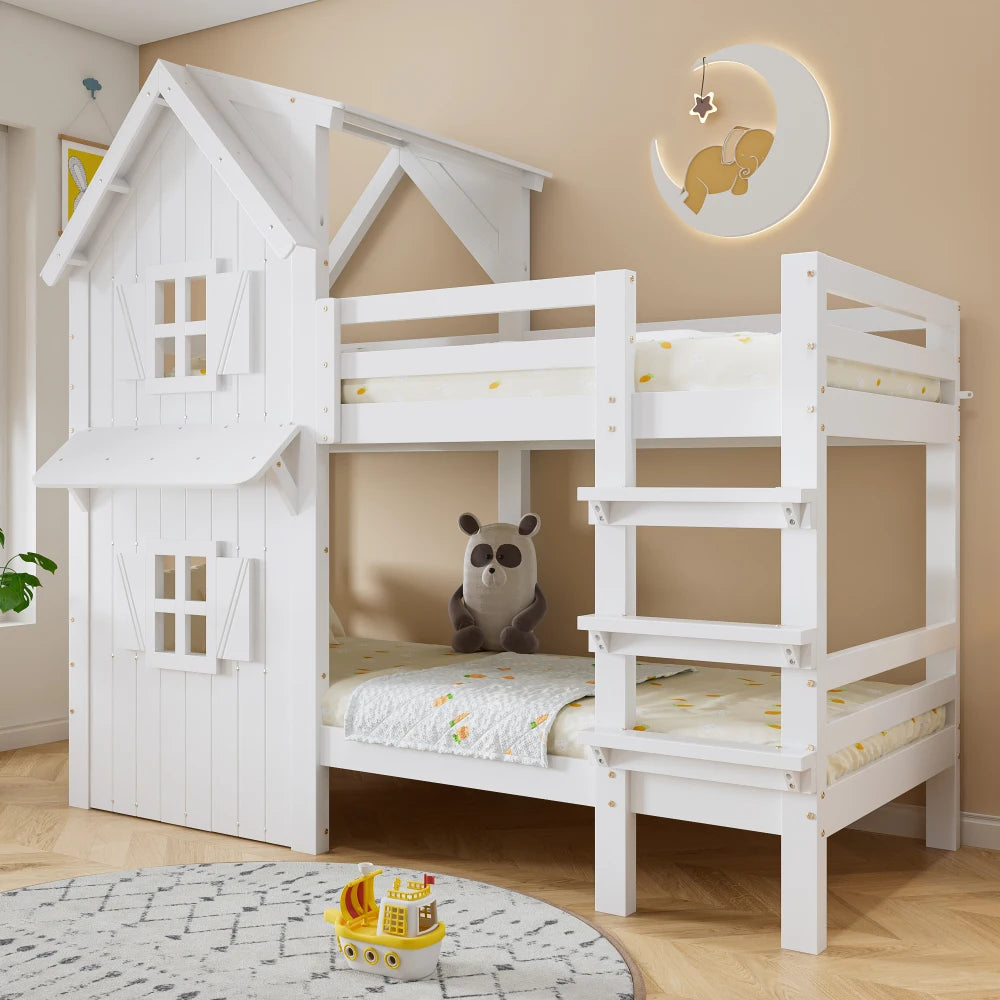 90x200cm Children's Bunk Bed, Beautiful Window and Roof