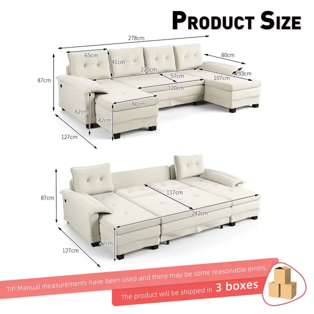 278cm U-Shaped Modular Sofa Bed