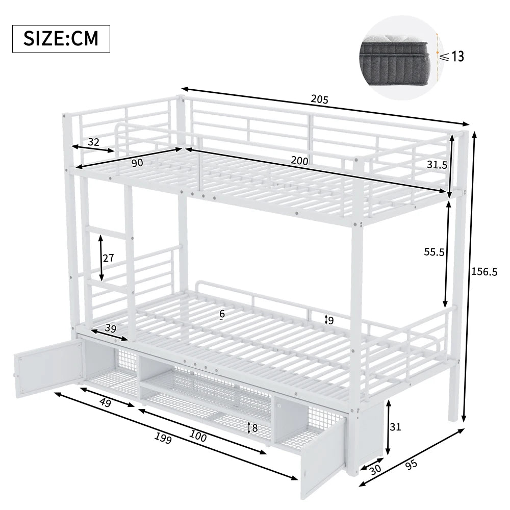 90x200cm Iron Frame Bed, Shoe Cabinet, Double Door Small Storage Cabinet
