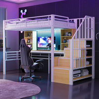High Bed 90×200cm, with Shelf, Desk, Socket and LED Lighting