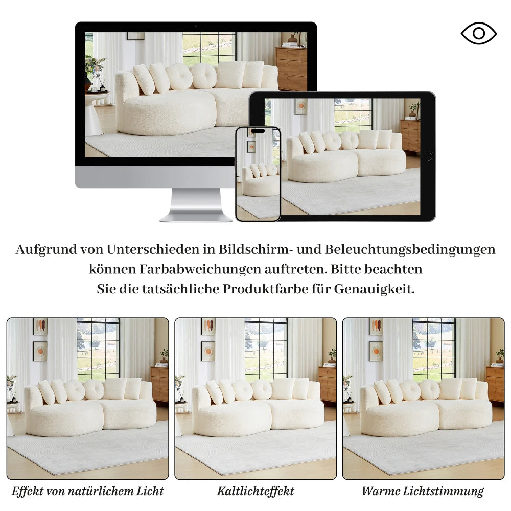 Modular Chenille Sofa, Curved Cashew Shape Design, Continuous Backrest