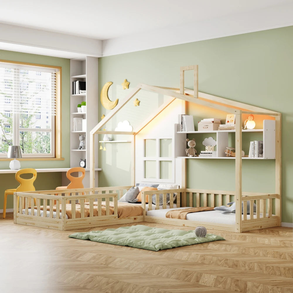90x200cm (140x70cm) Bed with Window Shelves, LED Light Strip