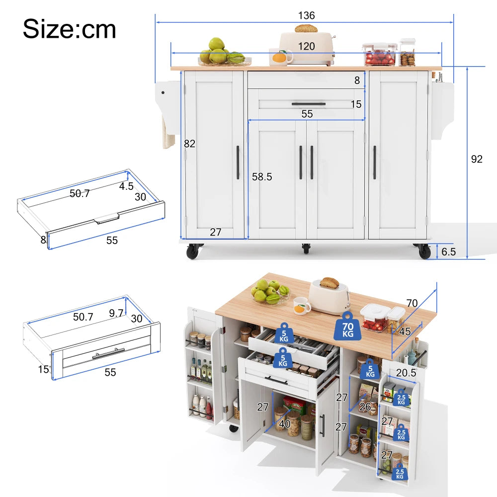 Mobile Kitchen Island, Kitchen Trolley, Extendable Worktop Up To 70cm