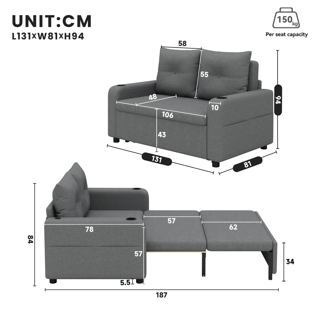 3-in-1 Pull Out Sofa Bed, Modern Double Sofa with Sleep Function