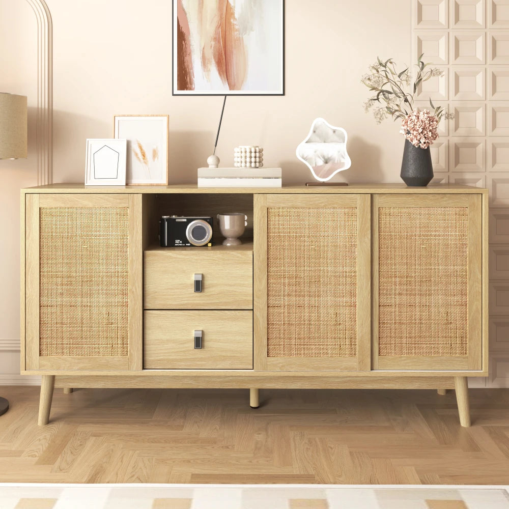 Versatile and Stable Modern Sideboard with 3 Sliding Doors in Real Rattan and 2