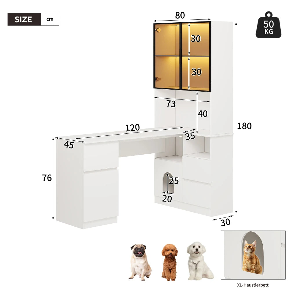 Corner Desk with Shelf and LED Display Cabinet, Desk with Cable Outlet